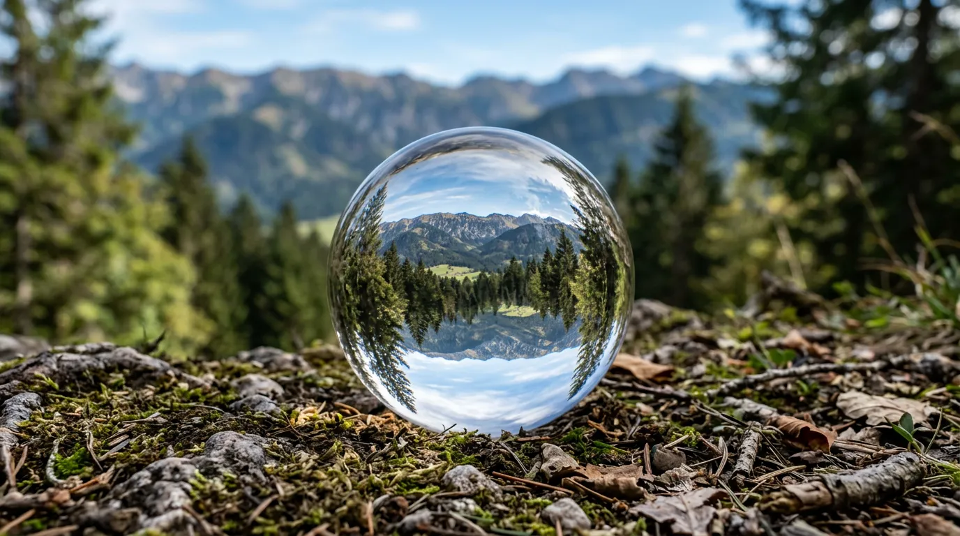 Crystal glass sphere on natural ground reflecting landscape upside down, clear optical lens ball with refraction, bokeh background