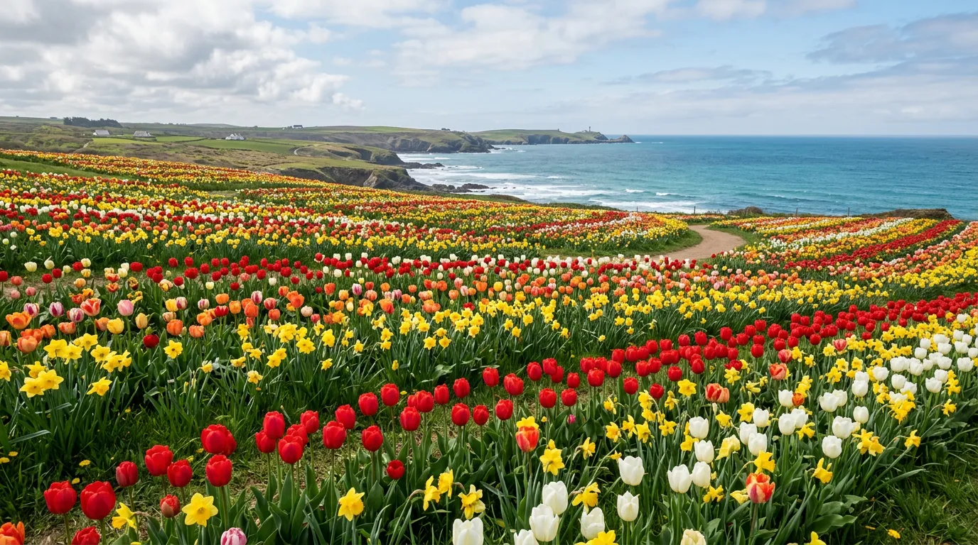 Endless field of colorful spring flowers in bloom, tulips and daffodils, vibrant red yellow white colors, coastal landscape