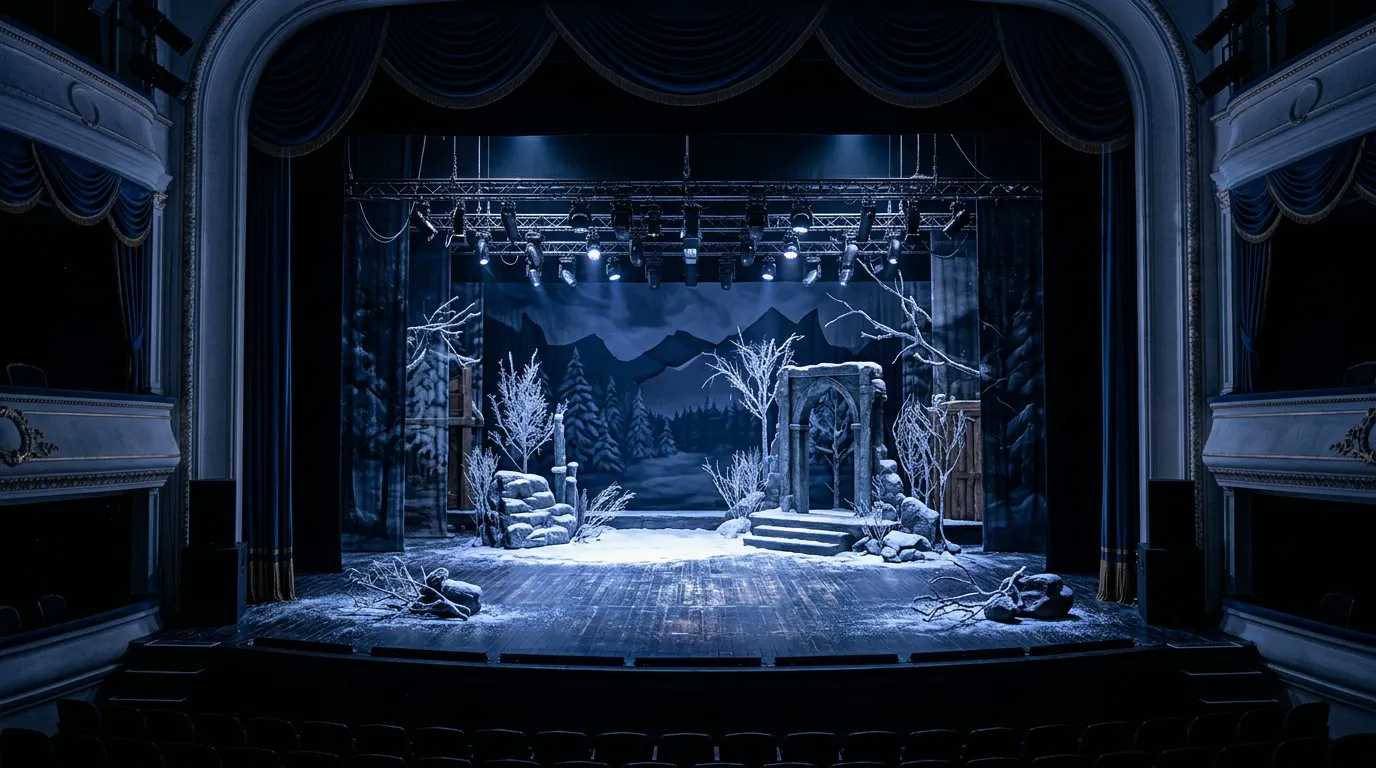 Theater stage with cool blue and white lighting, empty stage with dramatic shadows, winter theater set design aesthetic