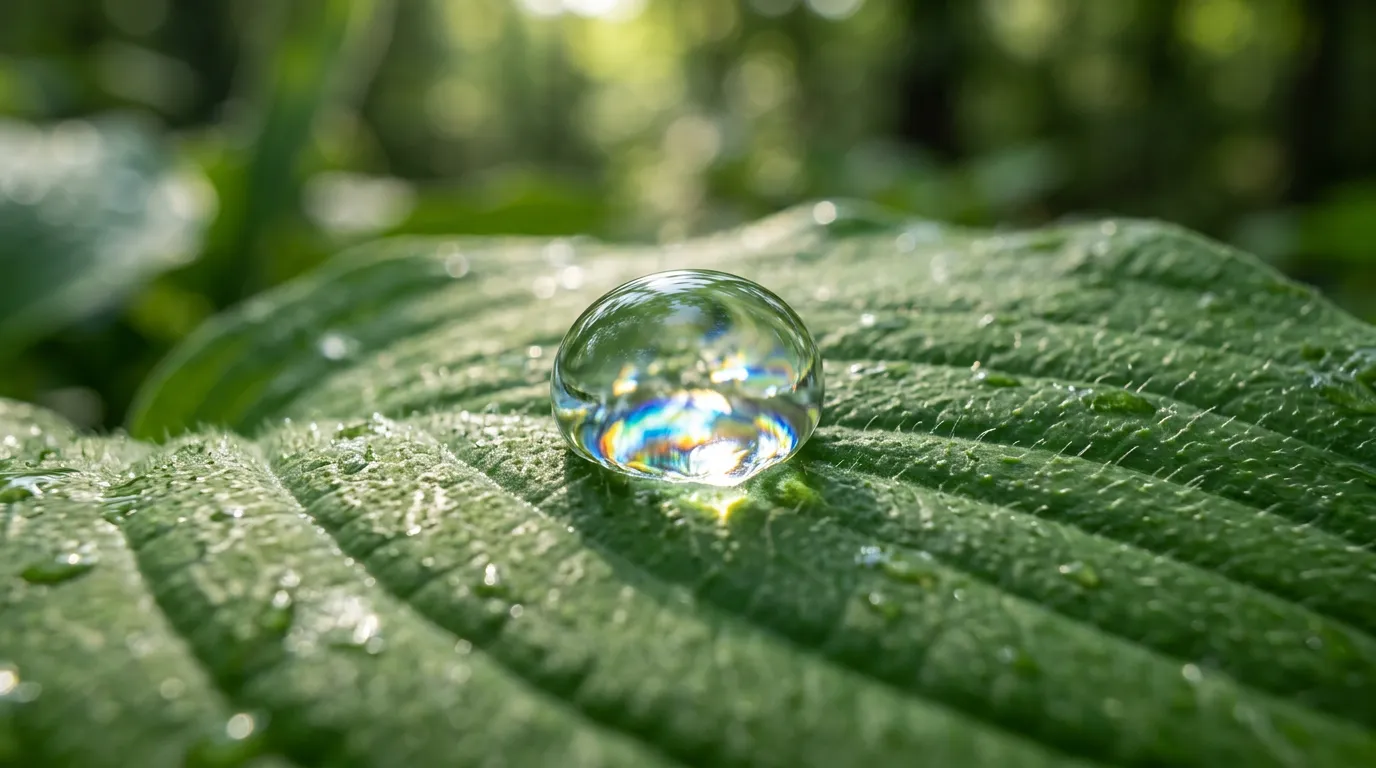 Macro photography of single water droplet on leaf or surface, crystal clear detail, prismatic light refraction through drop, shallow depth of field